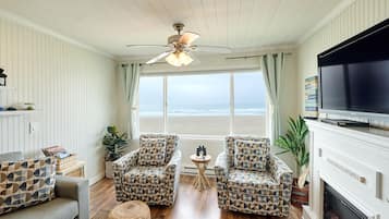 Premier Condo, 1 Bedroom, Kitchen, Beach View | Living area | Flat-screen TV, DVD player