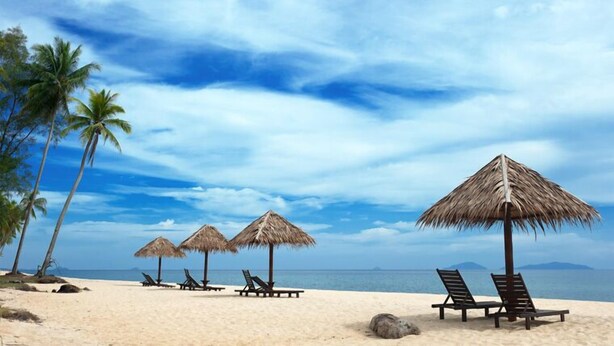 A beach with palm trees, thatched umbrellas, and lounge chairs. - Terrapuri Heritage Village (Setiu)
