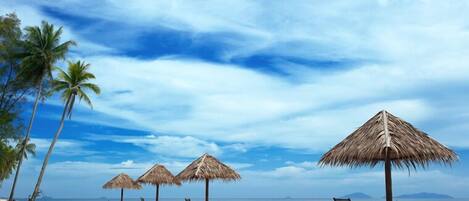 En la playa, camastros, buceo y kayaks