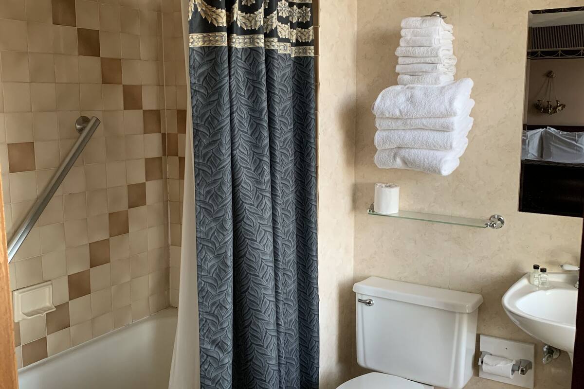 deluxe room, 1 king bed | bathroom | combined shower/bathtub, free toiletries, hair dryer, towels