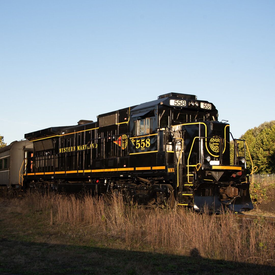 Un tren de Maryland occidental, número 558, en un entorno rural.