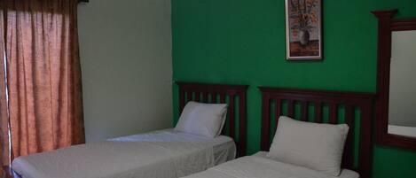 A room with two single beds, a green wall, a painting, and a window with curtains.