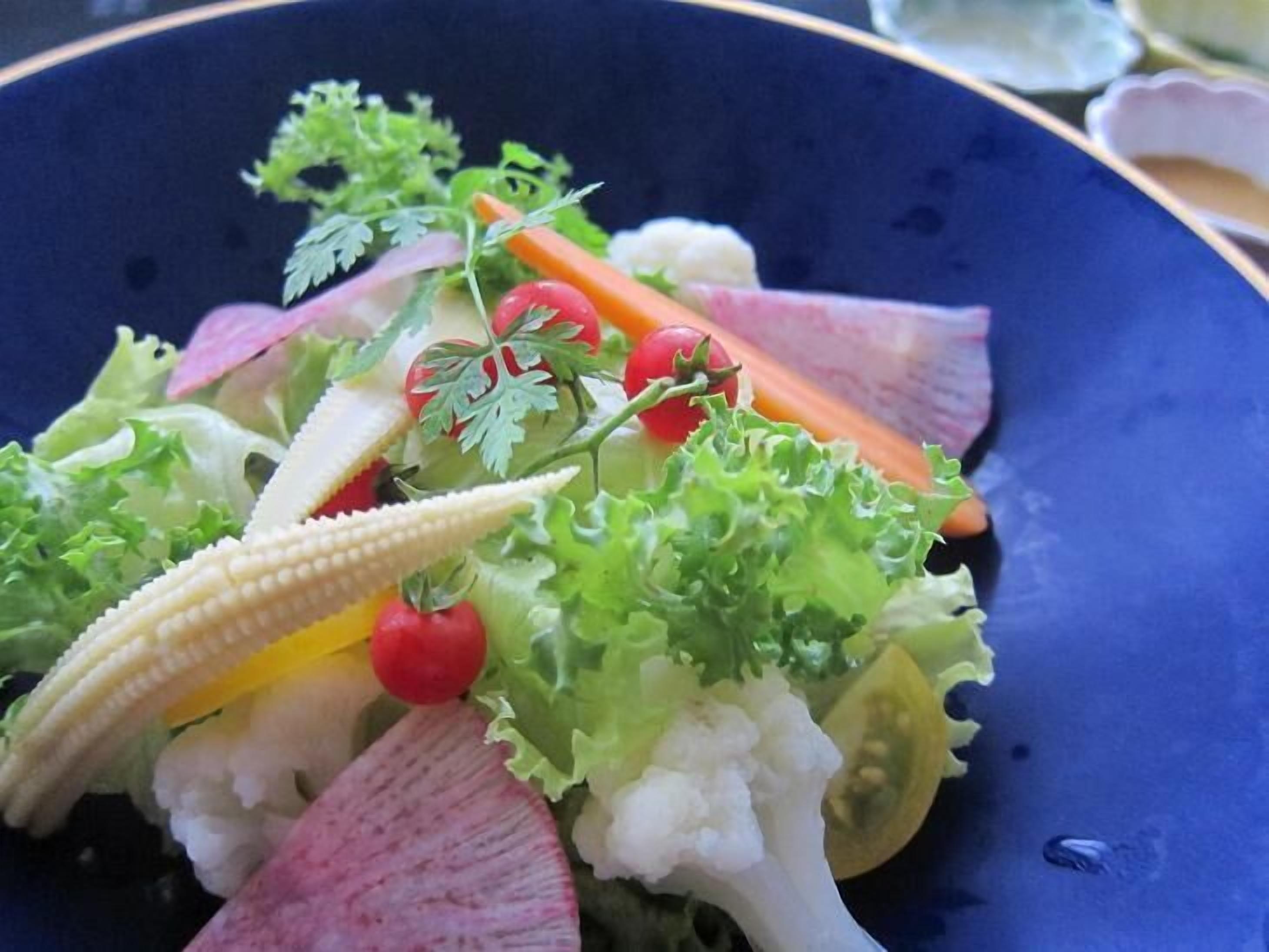 A salad with various vegetables and a corn cob on a blue plate.