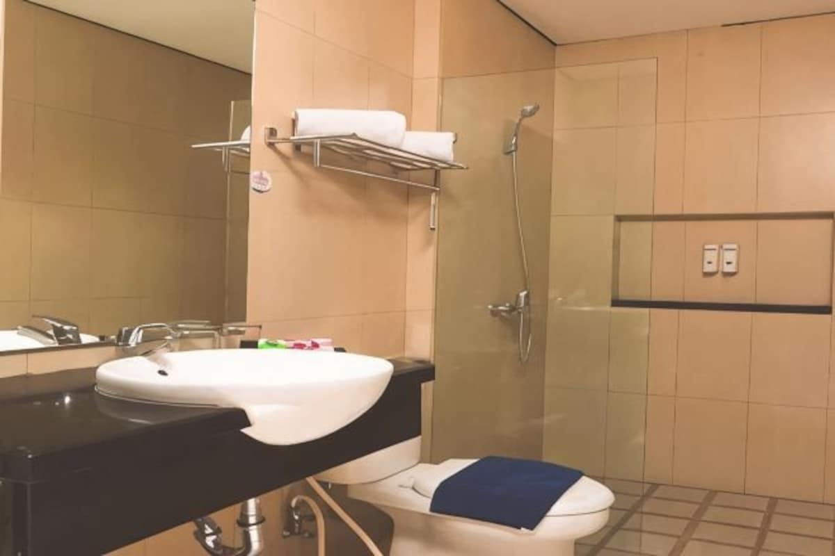 Un baño con lavamanos, espejo, toallero, ducha e inodoro.