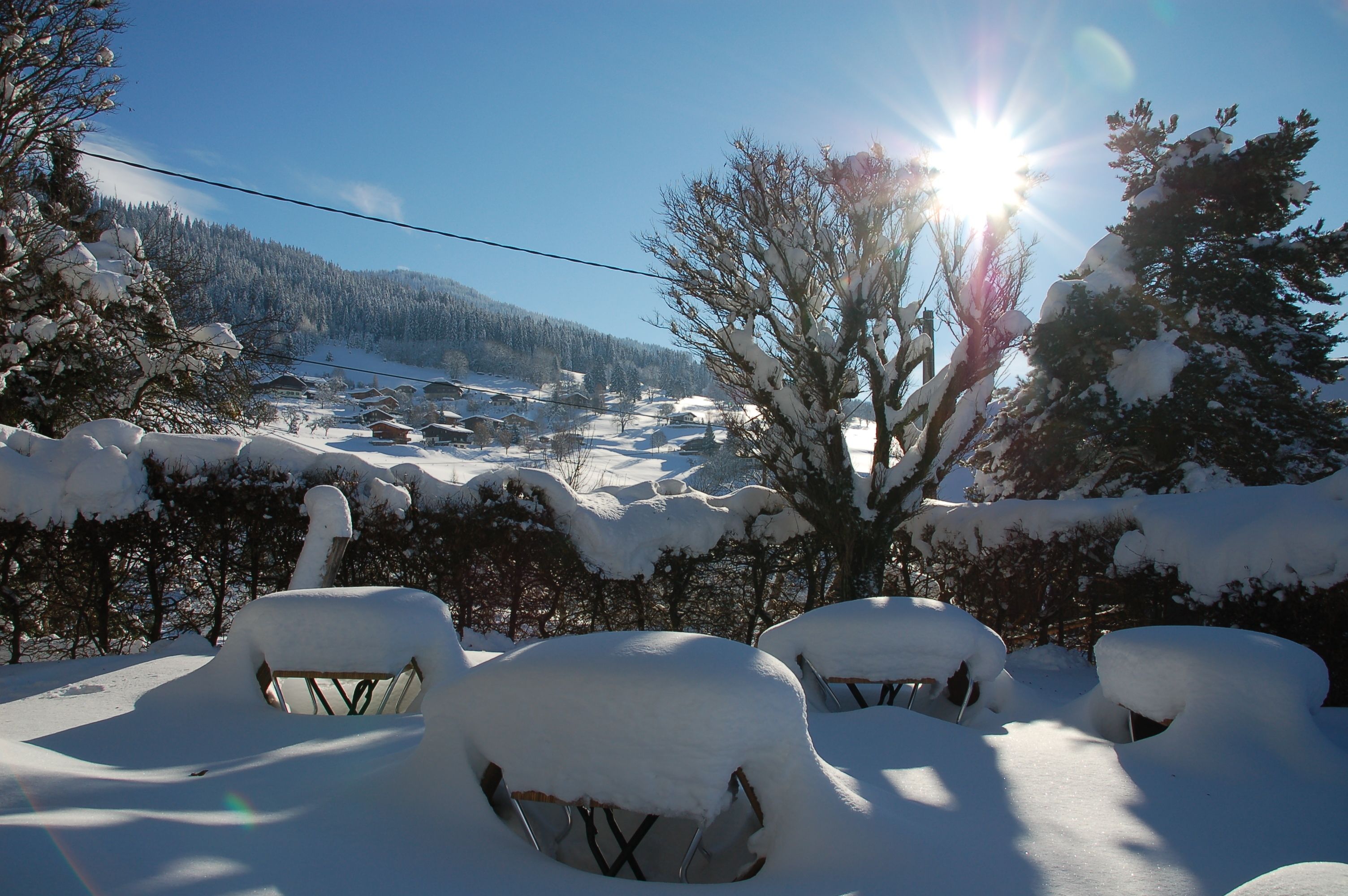 Paisaje nevado con cielo despejado y sol brillante. Se ven árboles cubiertos de nieve y una vista distante de un pueblo.