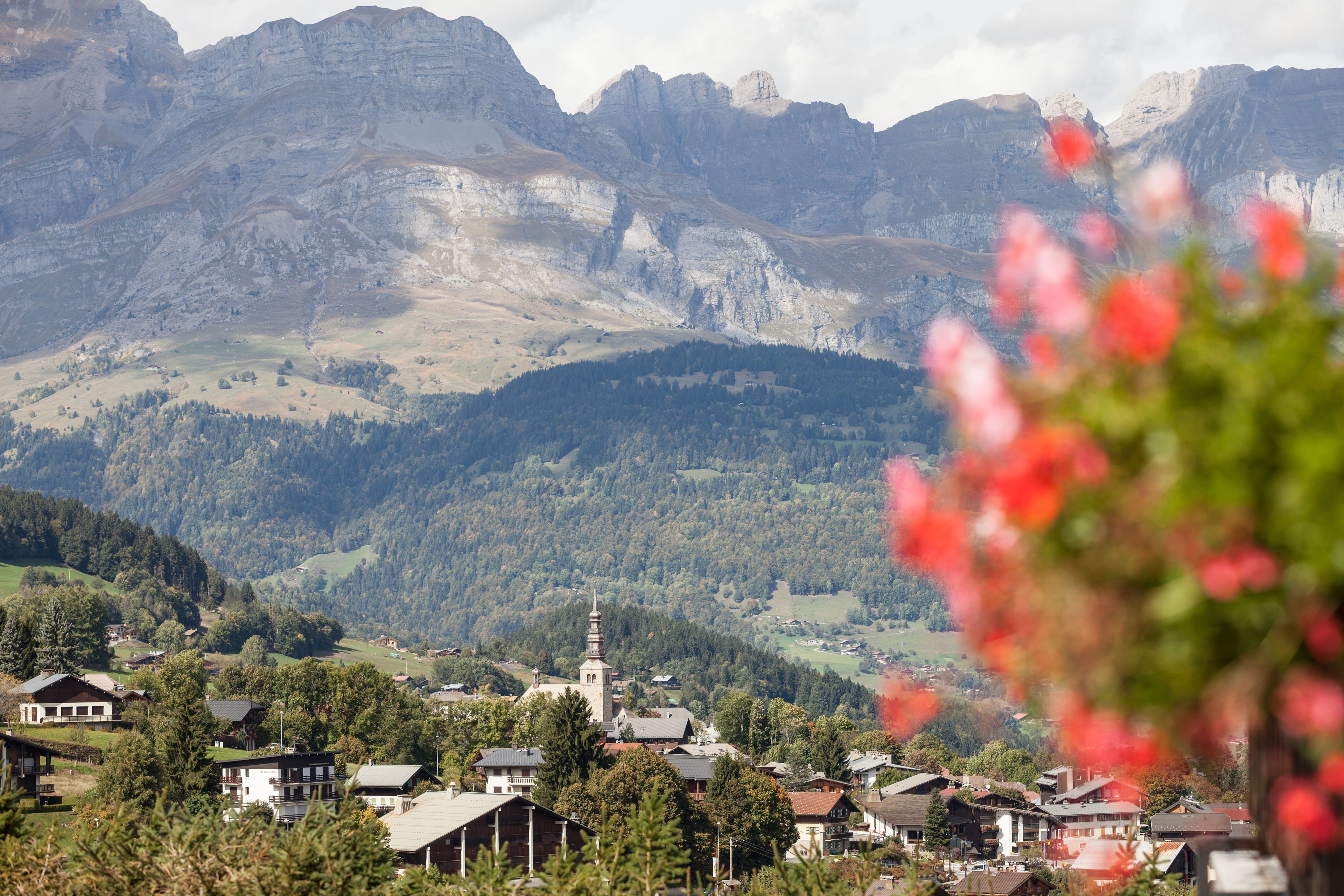 A mountainous landscape with a village, including houses and a church.