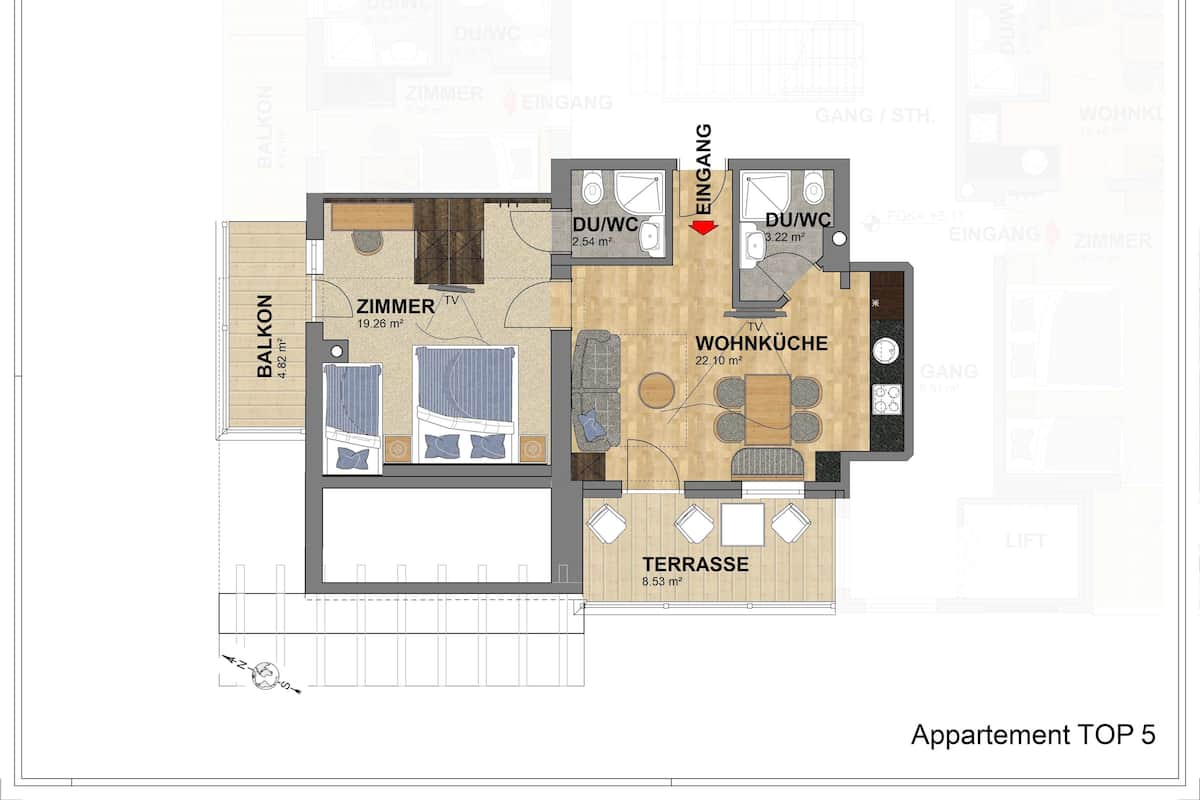 LÀgenhet - 1 sovrum - terrass - utsikt mot bergen | Planlösning