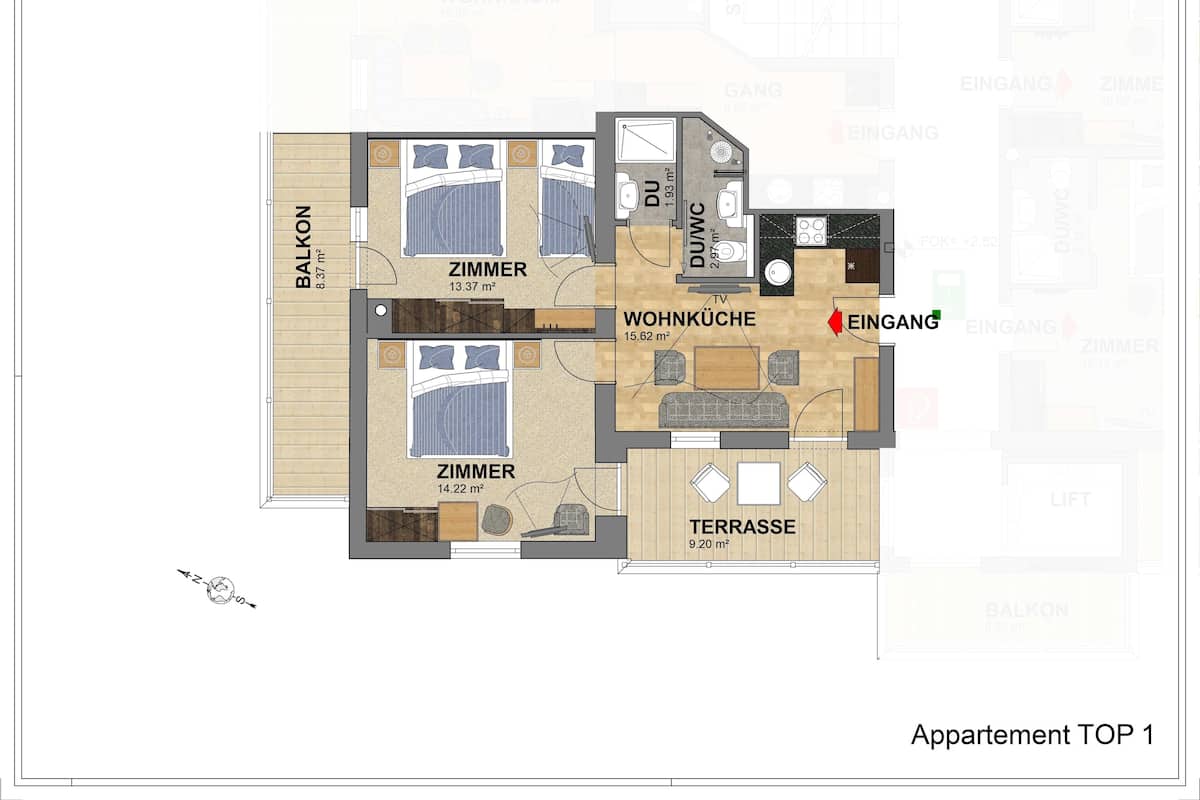 LÀgenhet - 2 sovrum - balkong - utsikt mot bergen | Planlösning