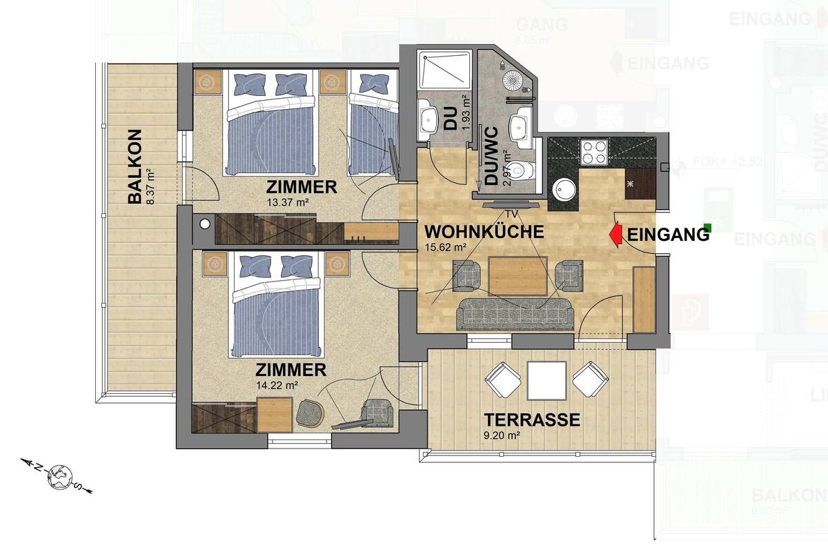 A floor plan of a 2-bedroom apartment with a balcony, kitchen, living room, and terrace.