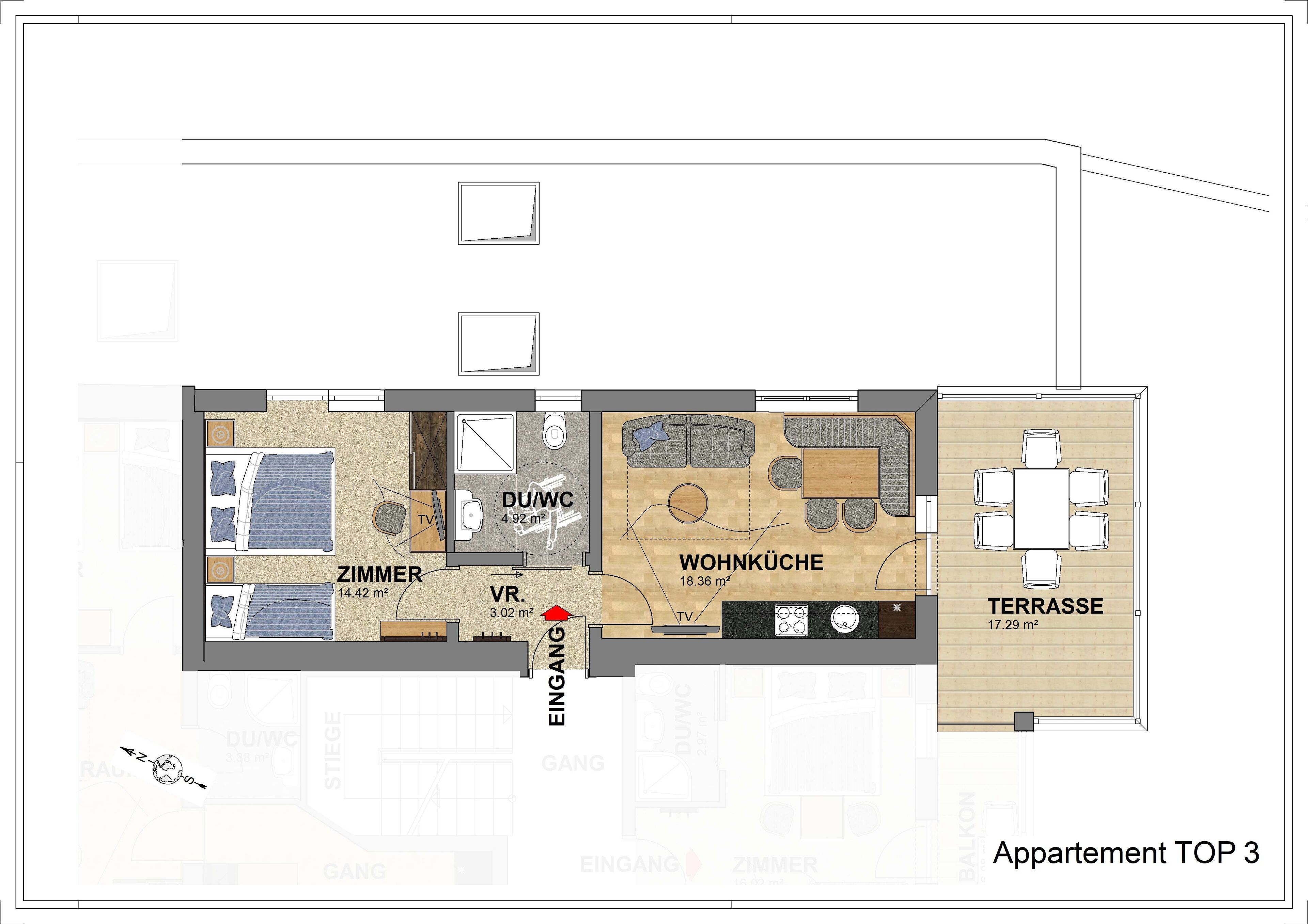 A top-down floor plan of an apartment with labeled rooms including a living room, kitchen, balcony, and bathroom.