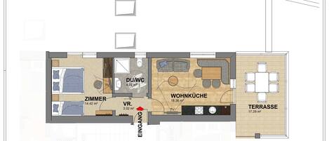 A top-down floor plan of an apartment with labeled rooms including a living room, kitchen, balcony, and bathroom.