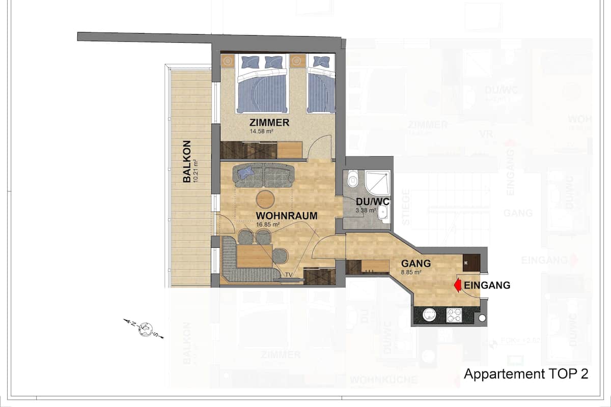 LÀgenhet - 1 sovrum - balkong - utsikt mot bergen | Planlösning