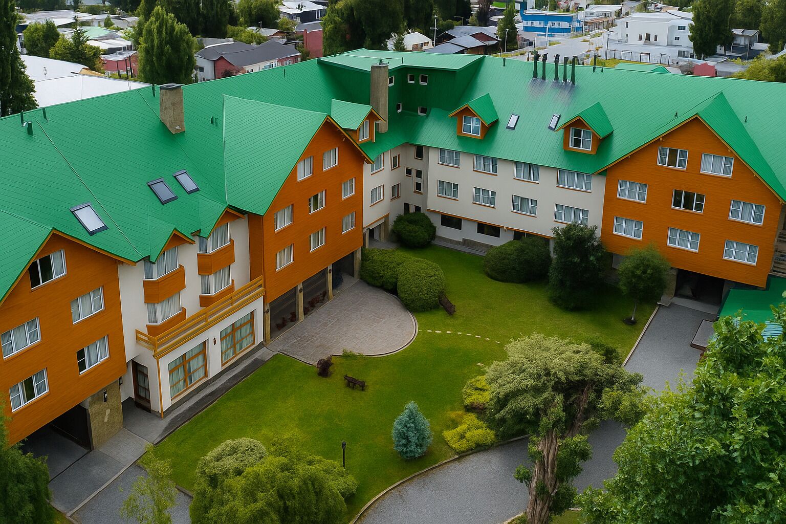 A multi-story building with a green roof, surrounded by a well-maintained lawn and trees.