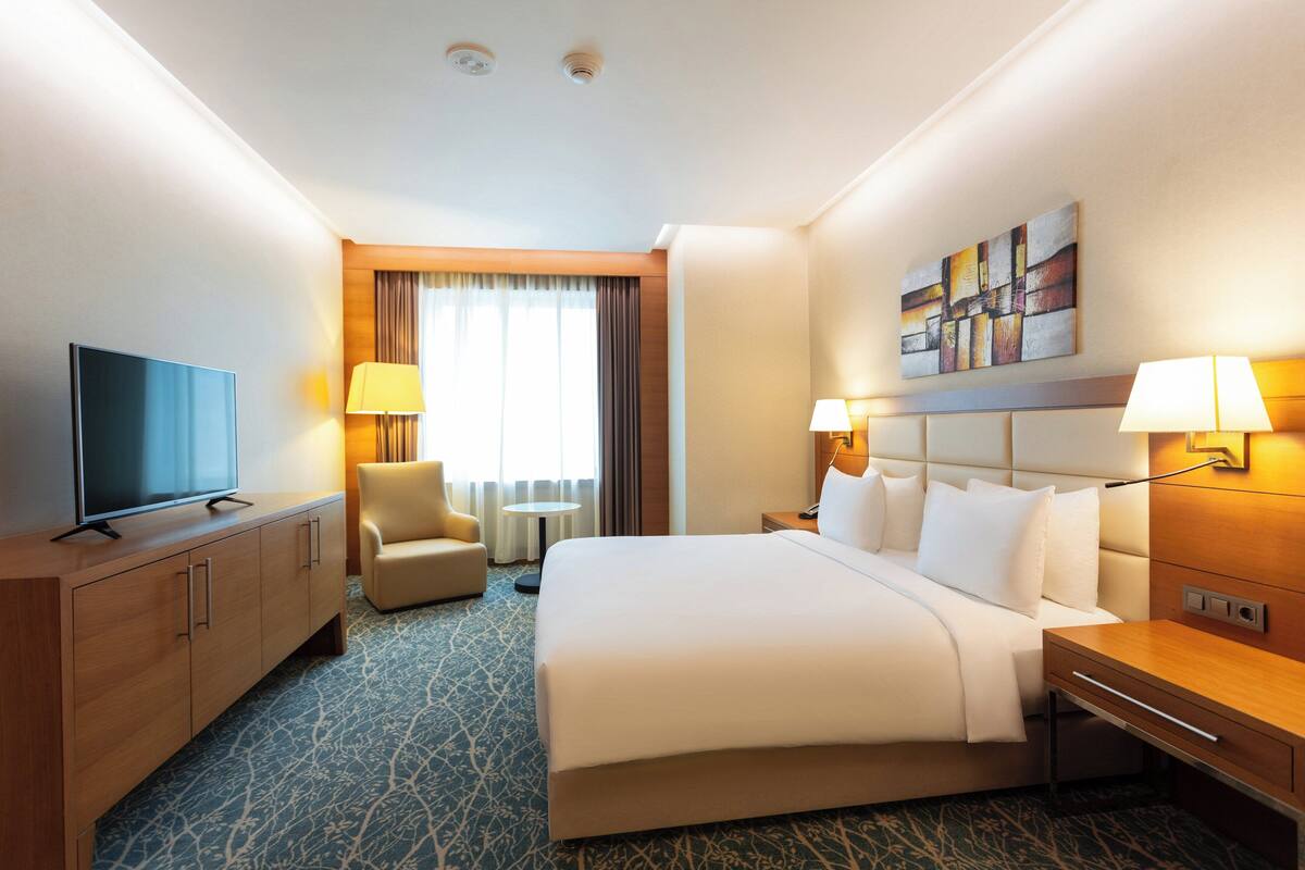 Una habitación de hotel con una cama grande, un televisor, un escritorio y una silla.