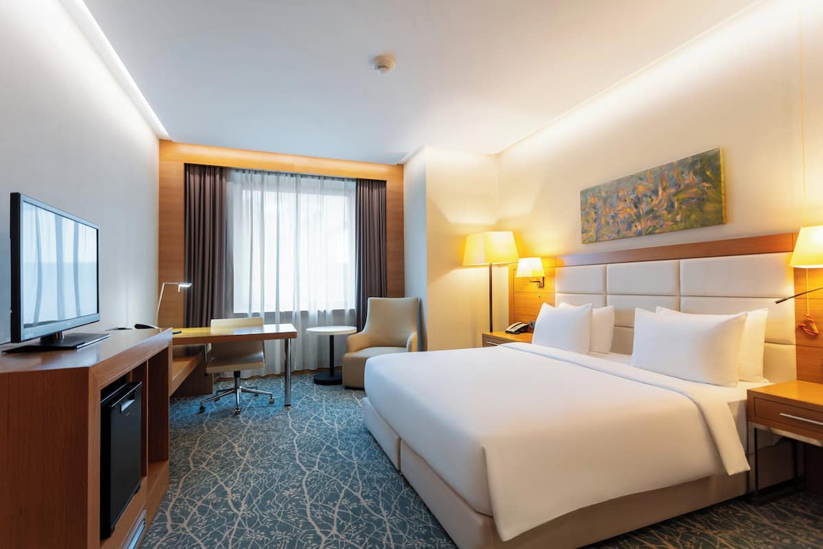 Habitación de hotel con una cama grande, un escritorio con silla, un televisor y un cuadro en la pared.