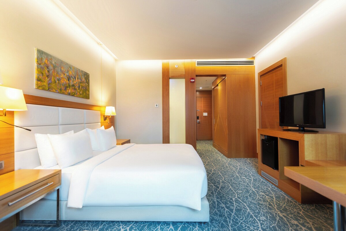 Quarto de hotel com cama, mesas de cabeceira, televisão e um quadro na parede.