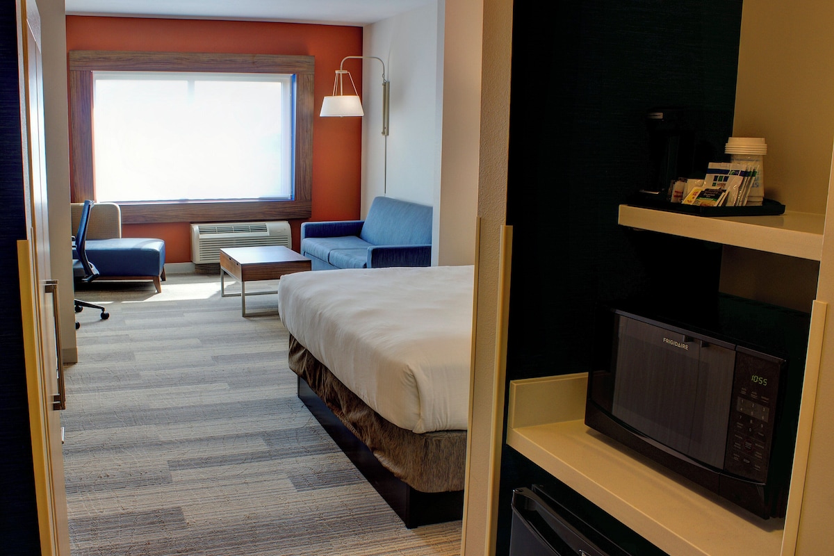 A hotel room with a bed, a desk, a chair, a sofa, a microwave, and a television.