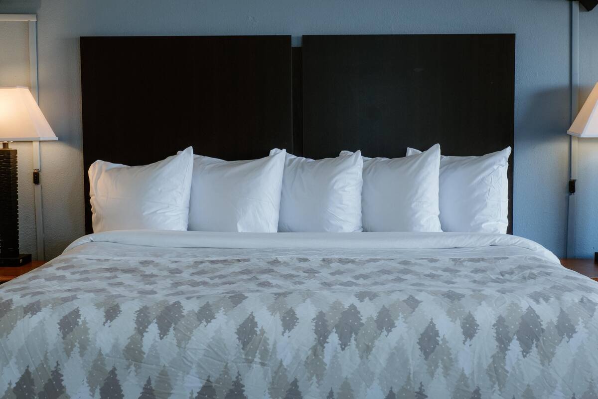 A hotel room with a large bed, two bedside lamps, and a dark headboard.