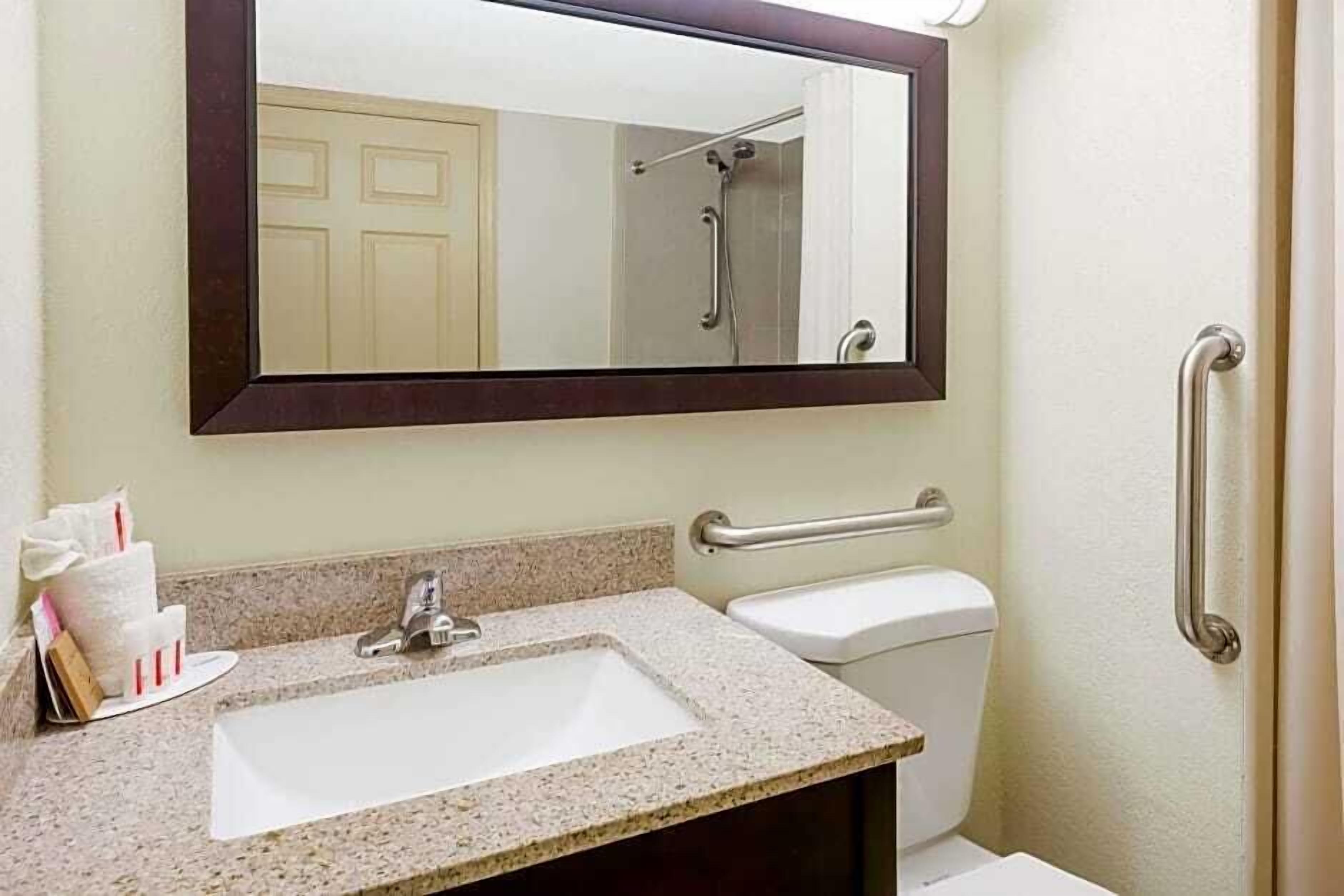 Une salle de bain avec un lavabo, un miroir et des toilettes.