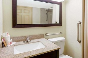 Combined shower/bathtub, free toiletries, hair dryer, soap