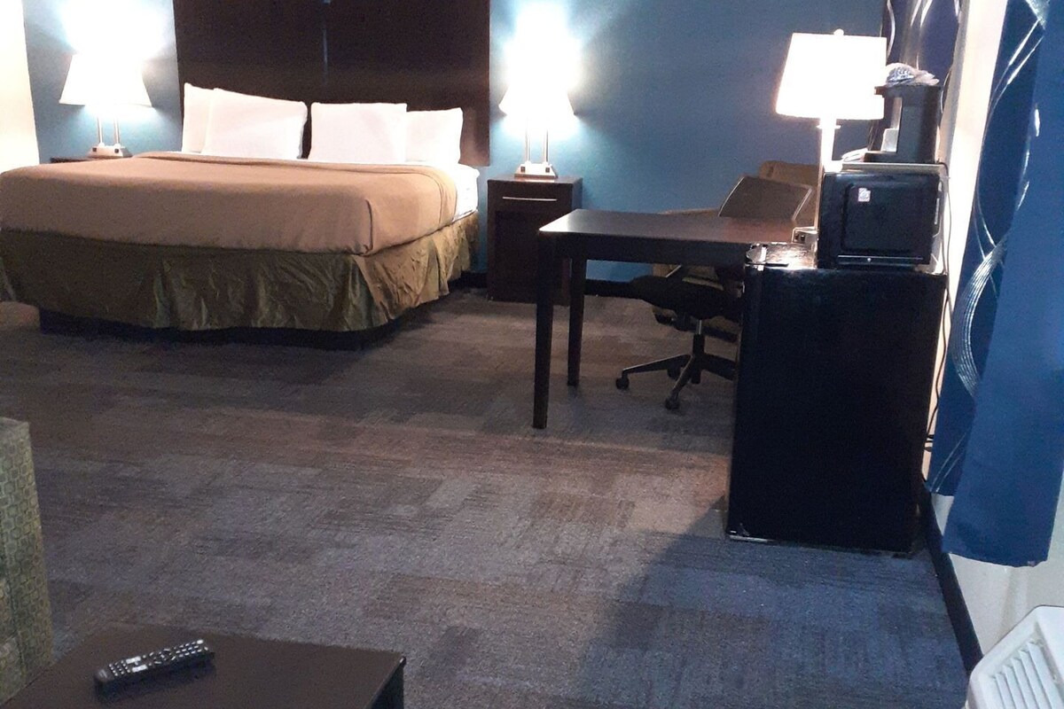 A hotel room with a bed, a desk, a chair, a TV, and a remote control on the floor.