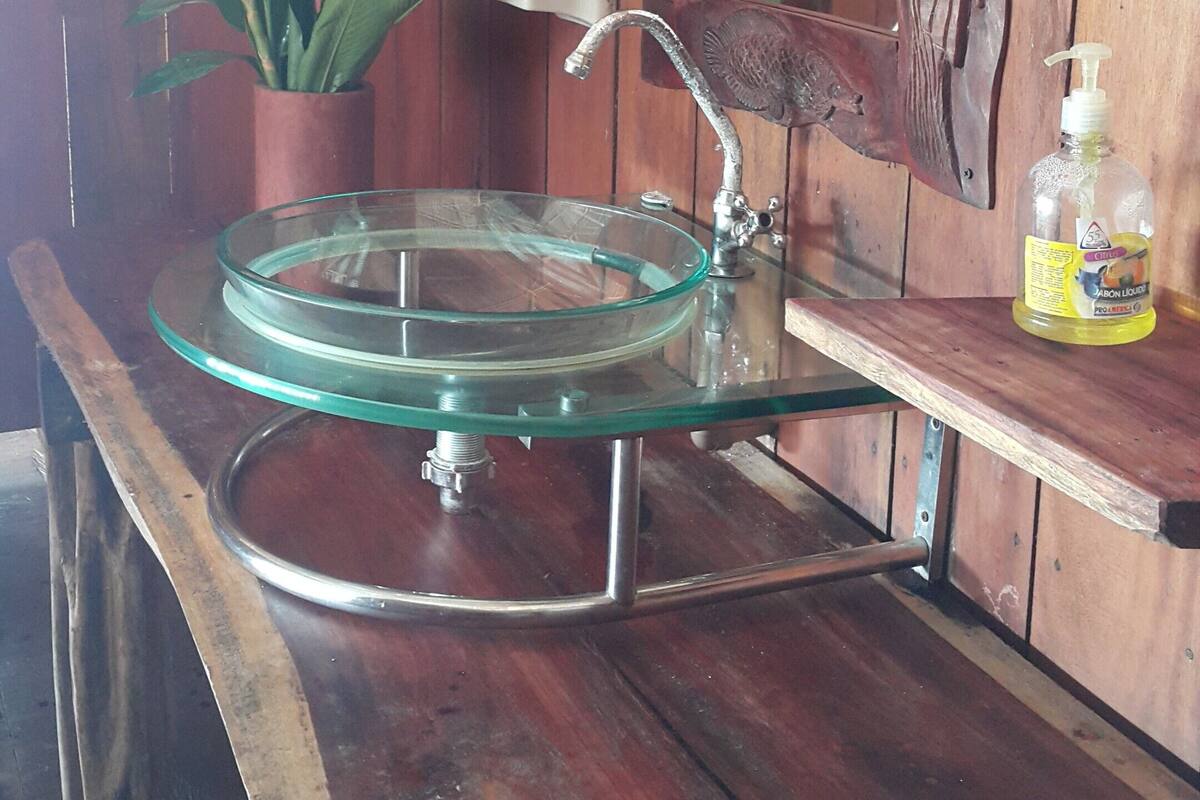 Un meuble-lavabo en bois pour la salle de bain, doté d’un vasque en verre, d’un miroir et d’une plante décorative.