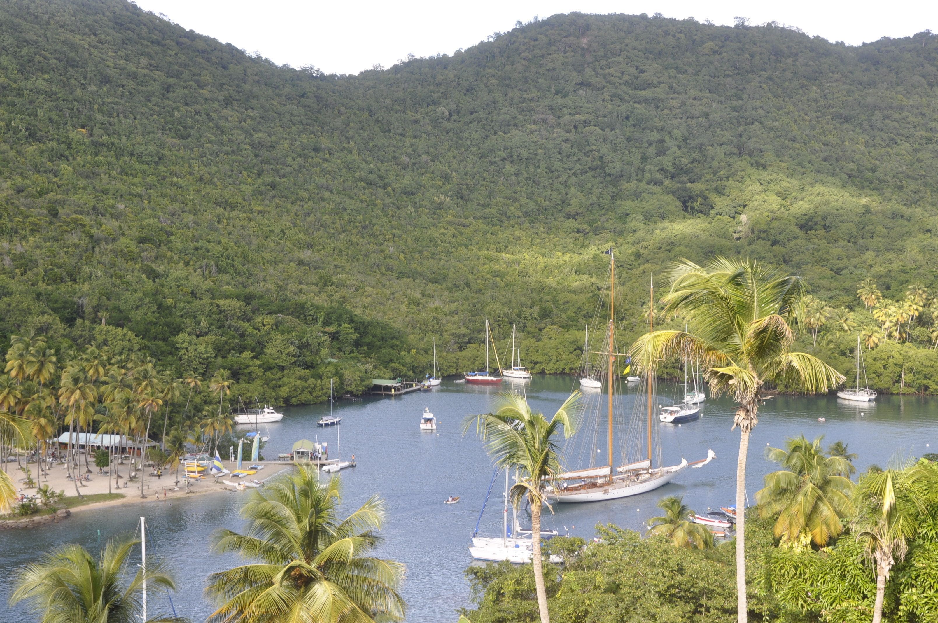 Una zona costera con barcos amarrados cerca de una playa, rodeada de abundante vegetación y colinas.
