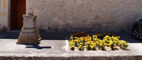 A stone cross, a door, and a flower bed with yellow flowers.