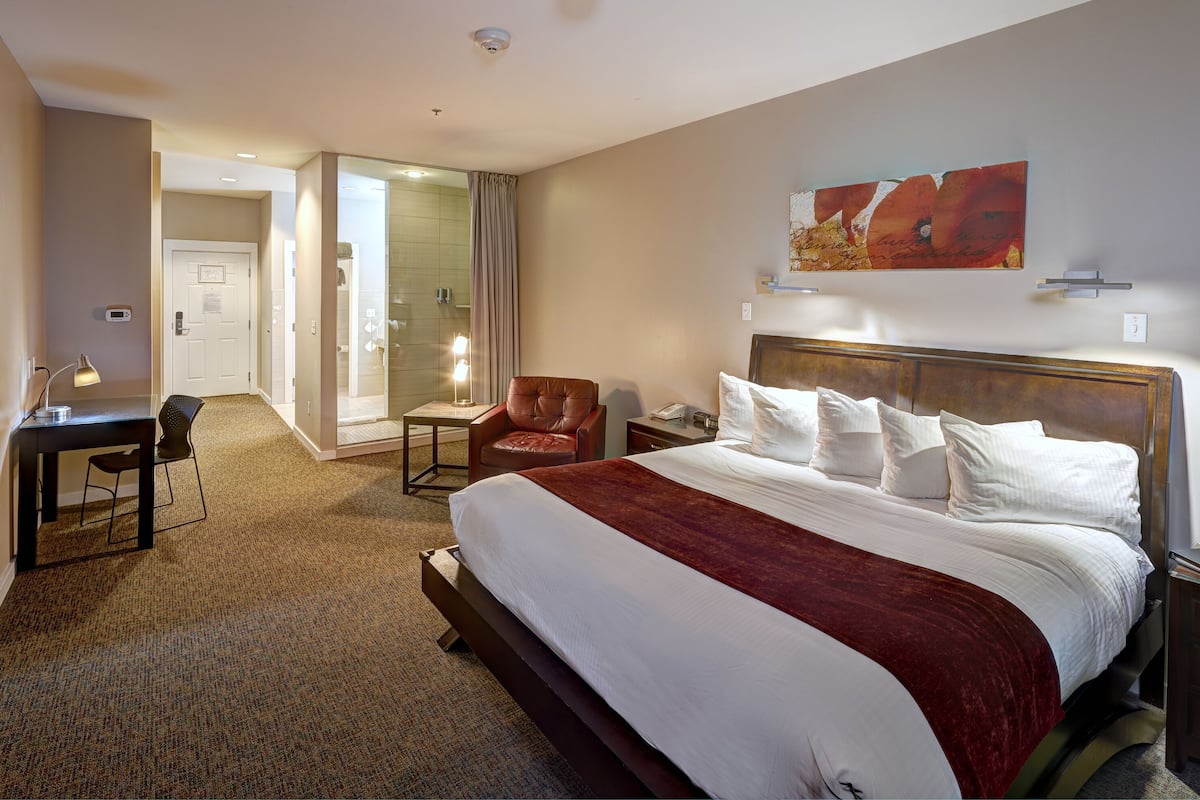 A hotel room with a large bed, a desk, a chair, and a shower area.