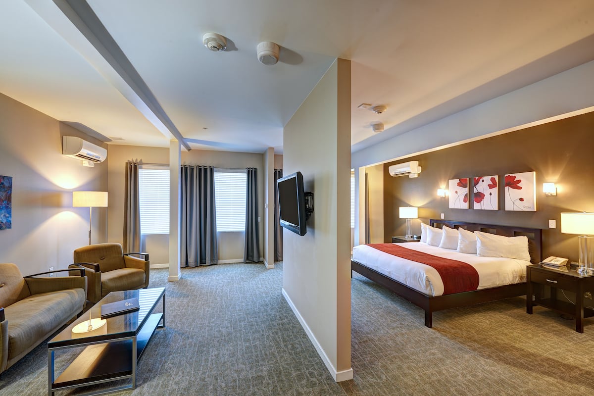 A hotel room with a bed, a sofa, a desk, and a TV.