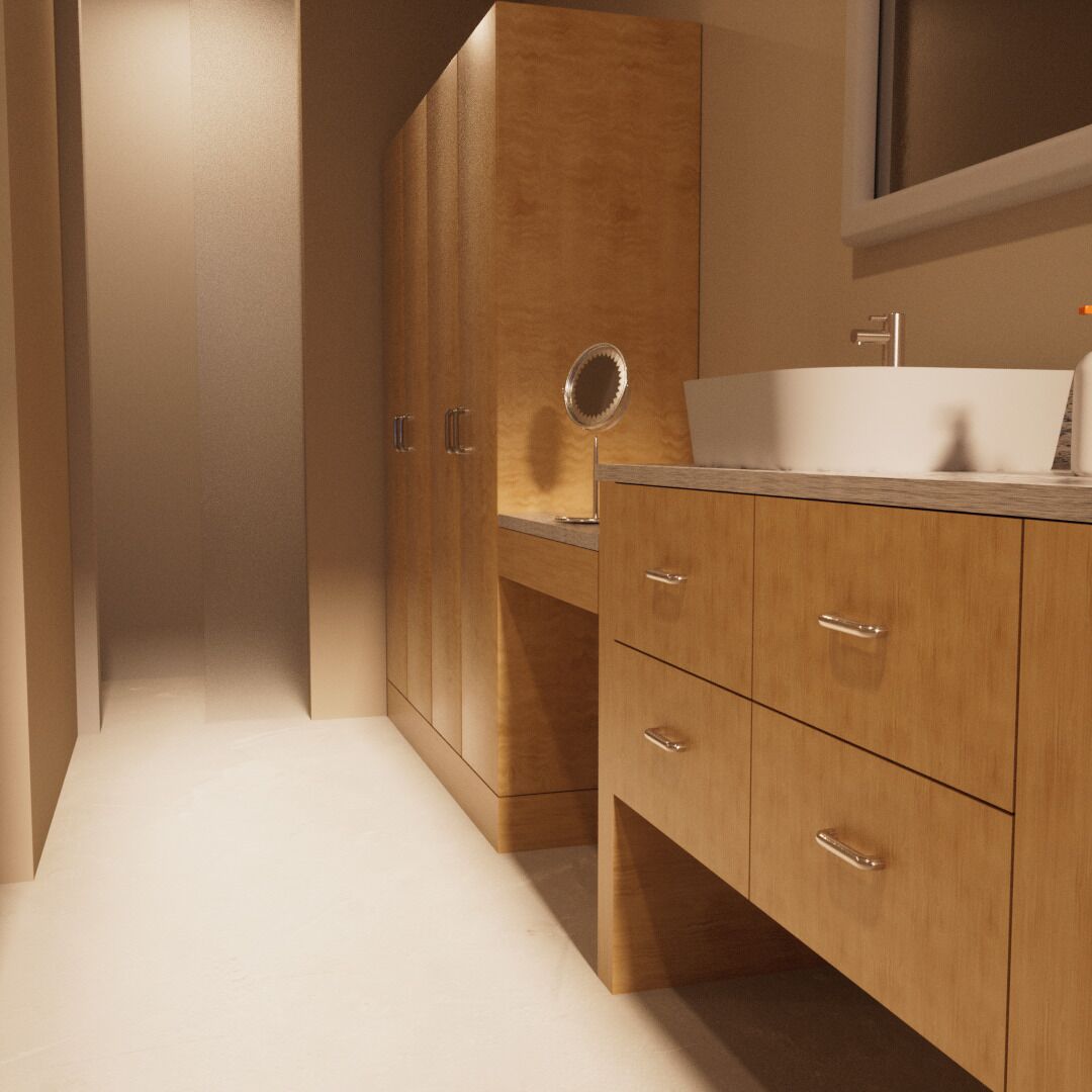 A modern bathroom with wooden cabinets, a sink, and a mirror.