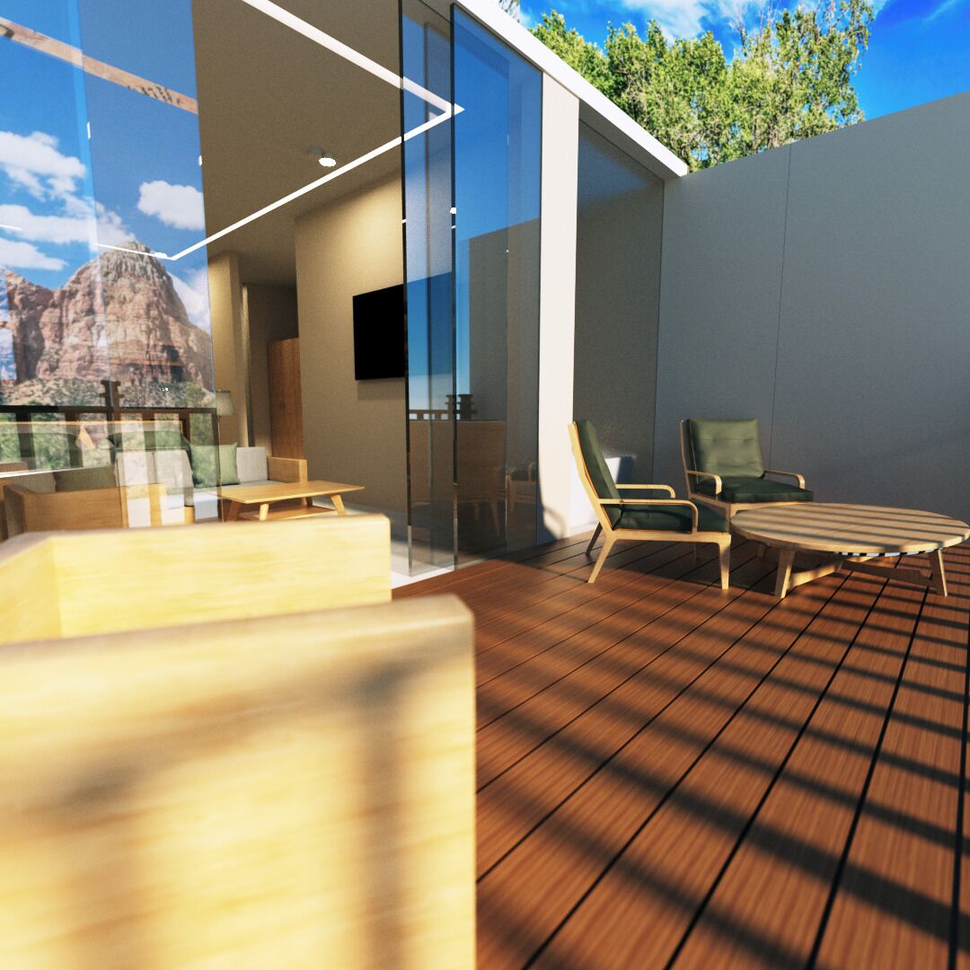 A modern outdoor seating area with wooden furniture and a glass wall overlooking a mountainous landscape.