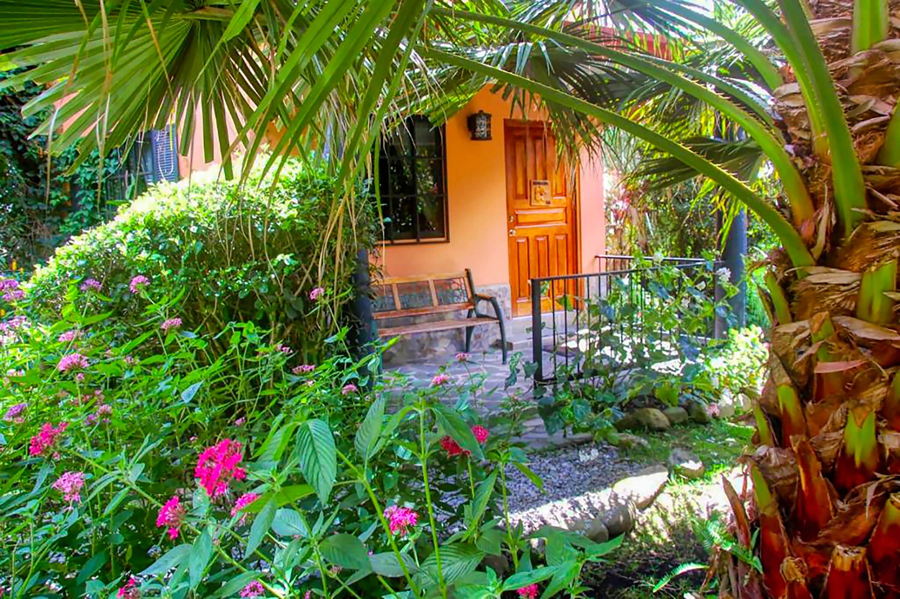 A garden with a bench, a wooden door, and lush greenery.