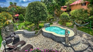 A landscaped garden with a swimming pool, stone seating, and tropical plants.