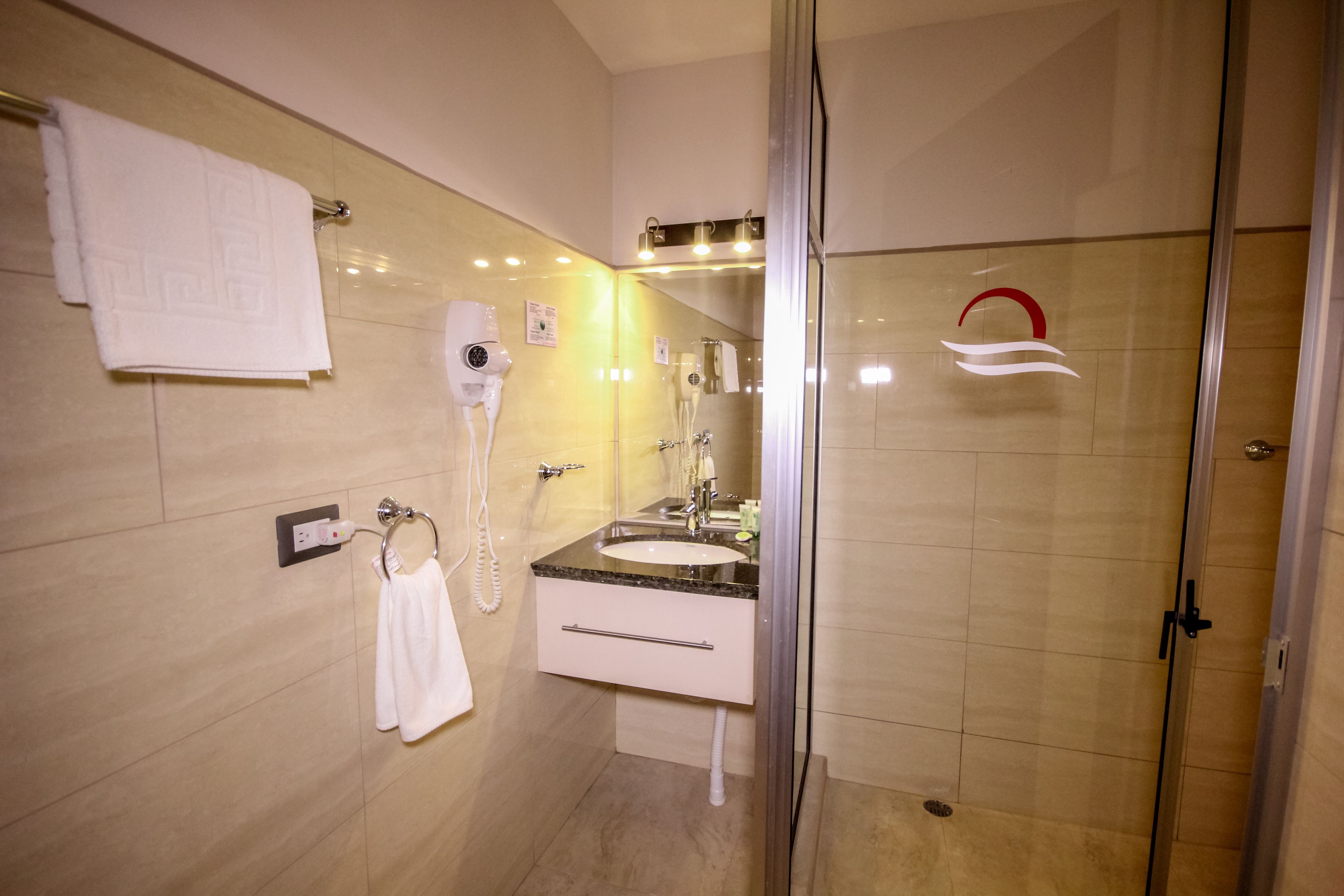 standard room | bathroom | shower, free toiletries, hair dryer, towels