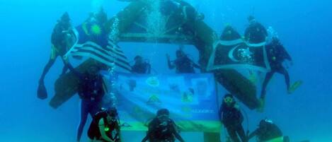 Un grupo de buzos bajo el agua, algunos de pie y otros sentados, con un cartel de fondo.