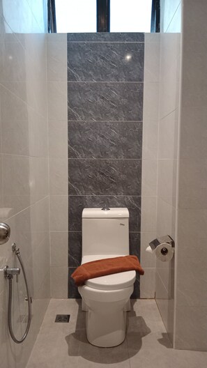 Ett badrum med toalett, dusch och handduksställ.