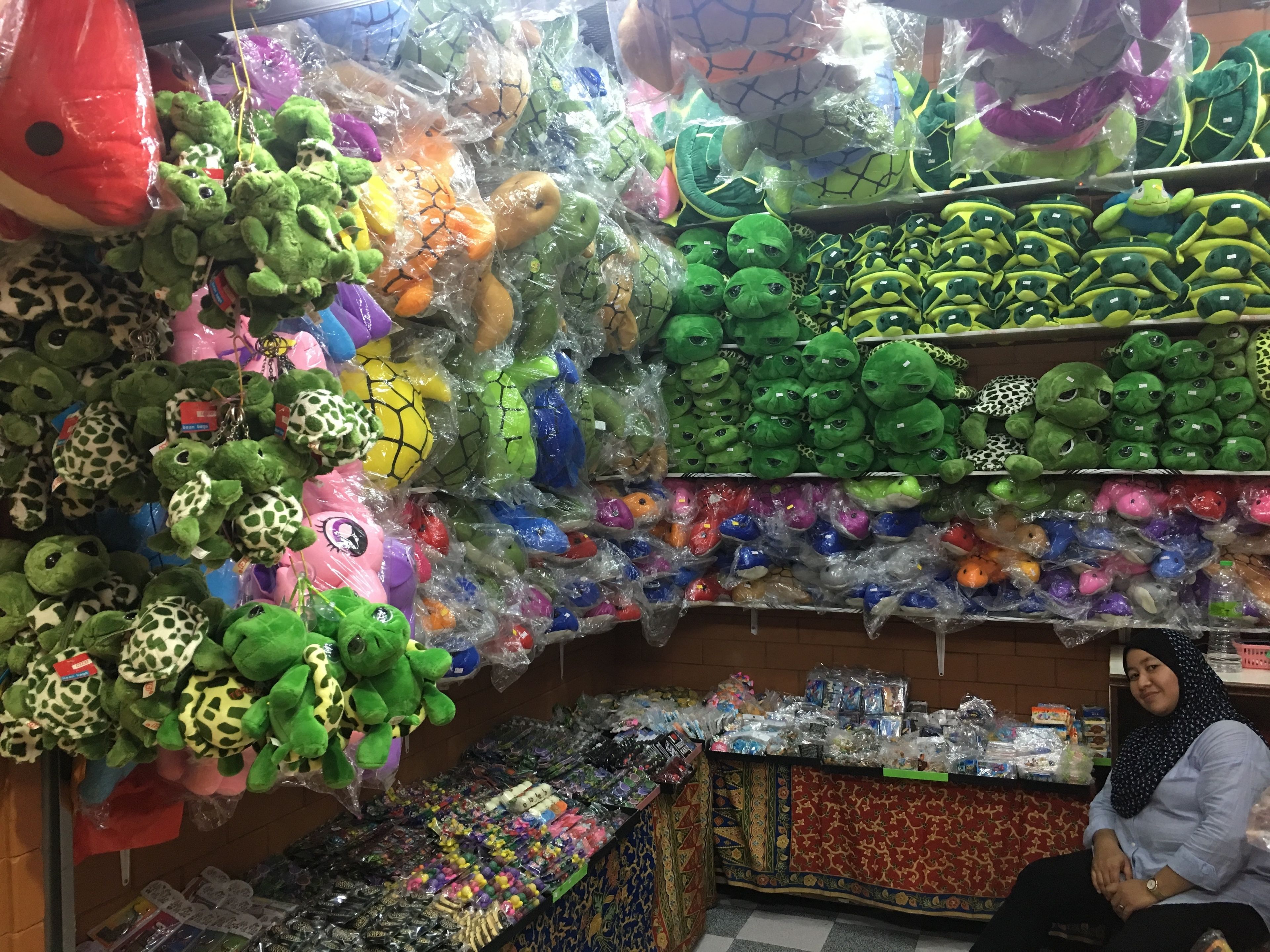 A store with shelves stocked with various plush toys and keychains.