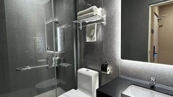 A modern bathroom with a glass-enclosed shower, a toilet, a sink, and a towel rack.