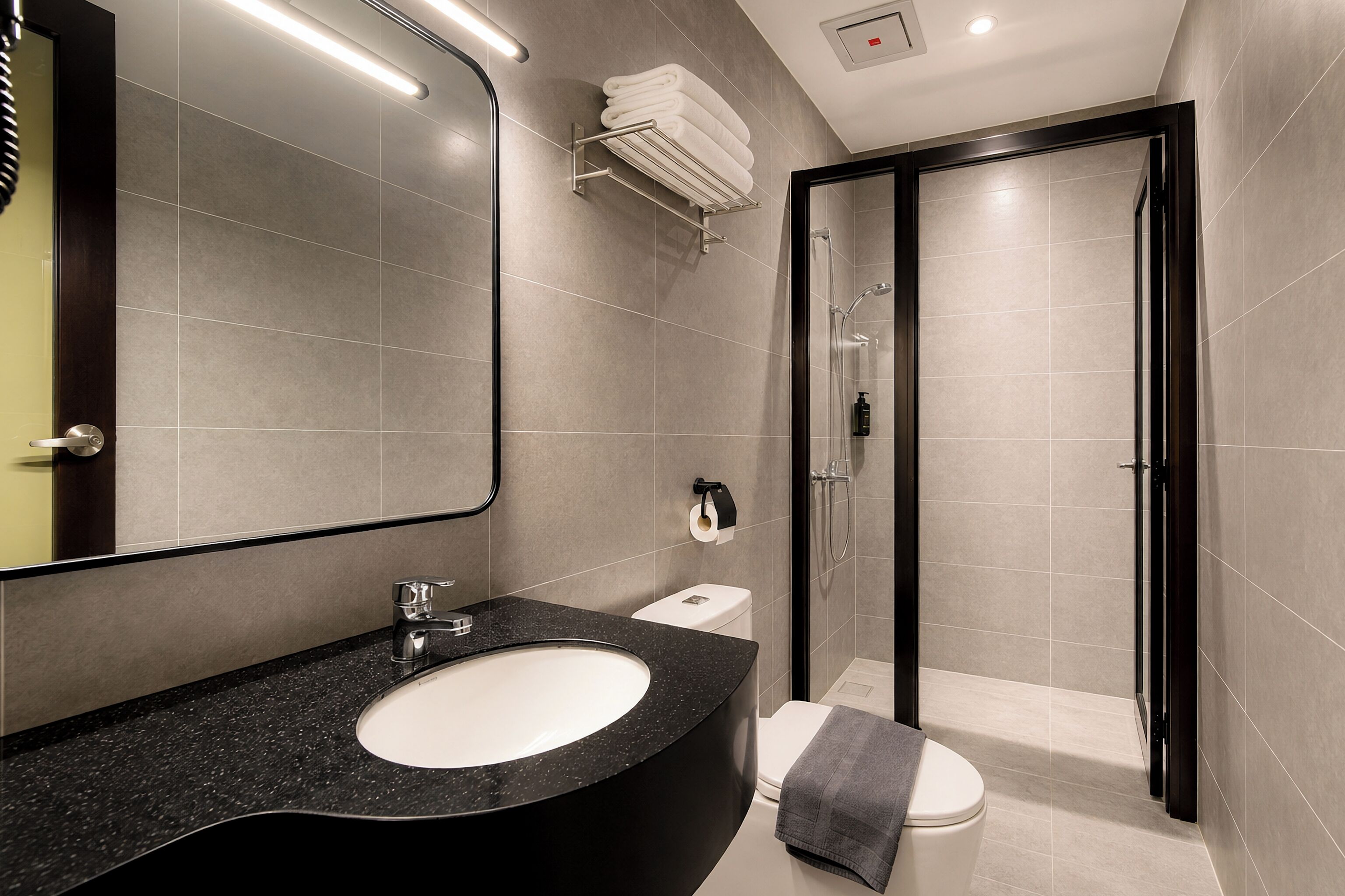 A modern bathroom with a black countertop sink, a mirror, a toilet, and a shower area.