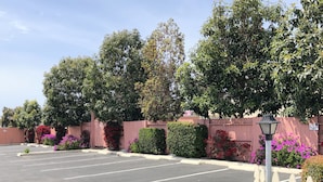 Un estacionamiento con espacios delimitados, rodeado por una cerca de madera y diversas plantas y flores.