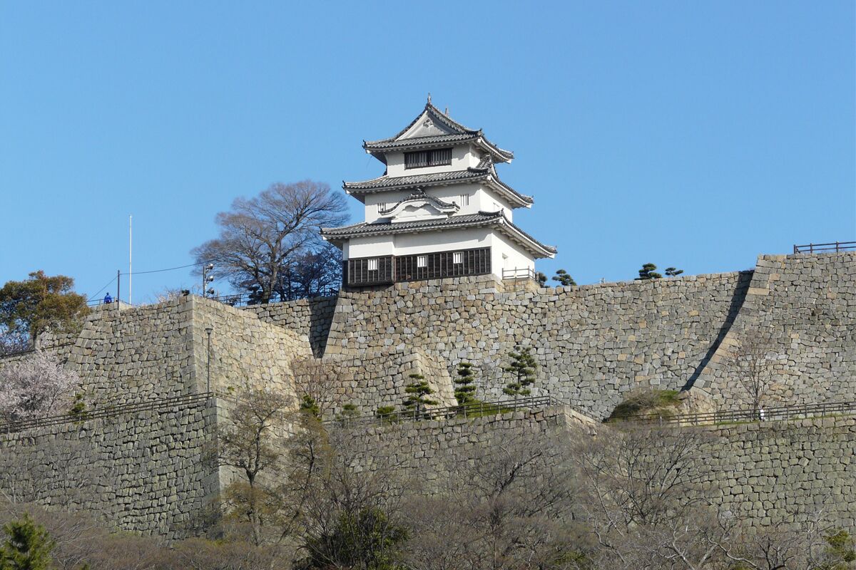 Eine traditionelle japanische Burg mit mehrstufiger Struktur, Steinmauern und spärlicher Vegetation.