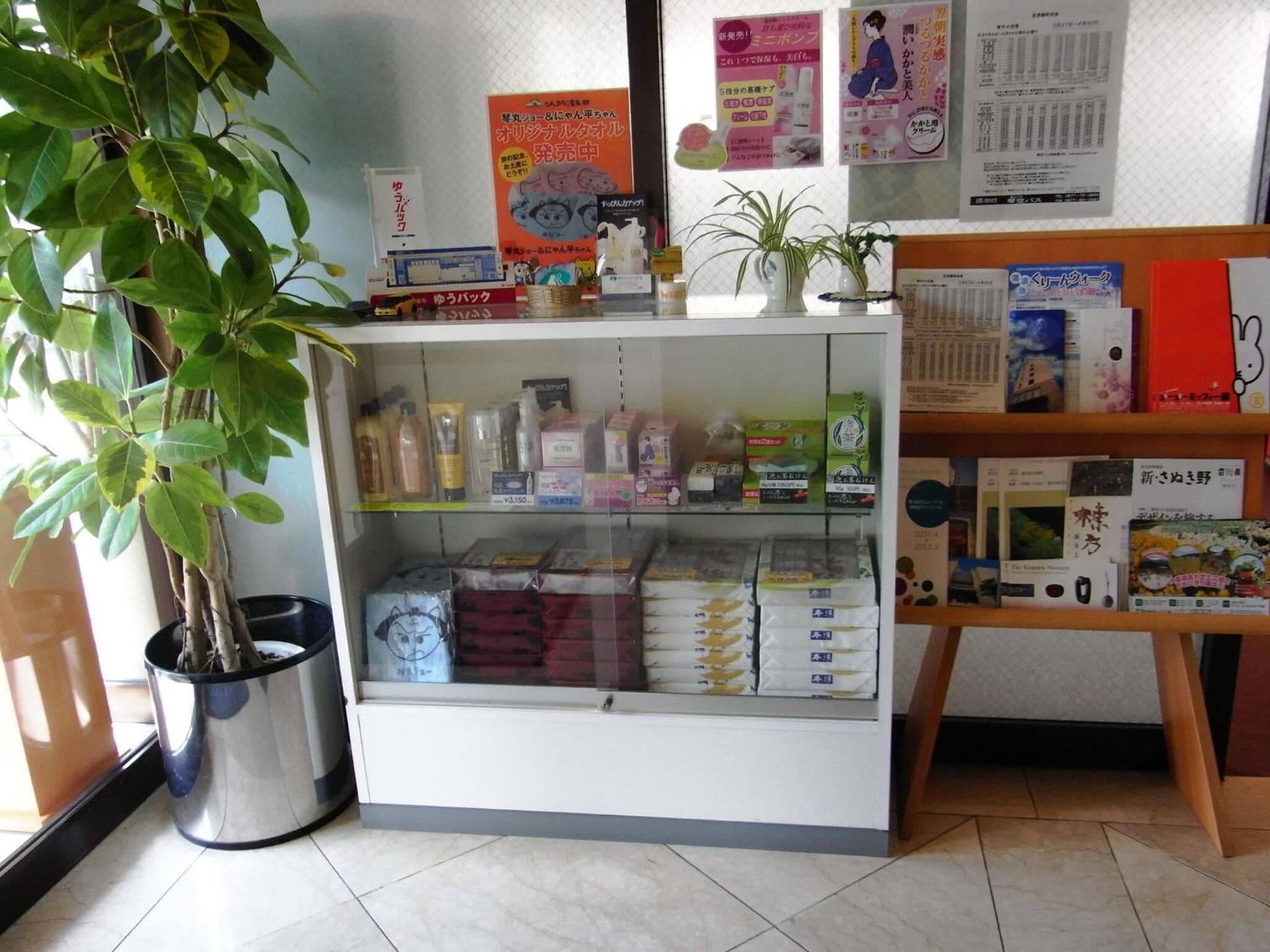 A reception area with a plant, a glass display case with various items, and a shelf with books and magazines.