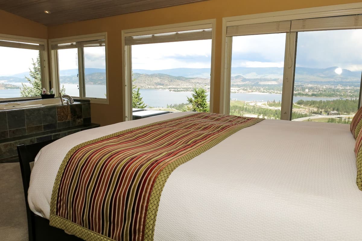 A bedroom with a large bed, a stone fireplace, and a view of a lake and mountains through large windows.
