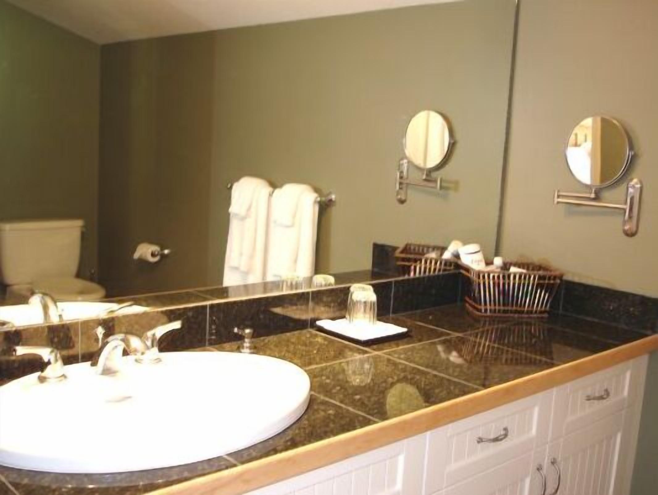 Un baño con un espejo grande, un lavabo y un inodoro. Hay toallas colgadas en la pared y un cesto con artículos de tocador.