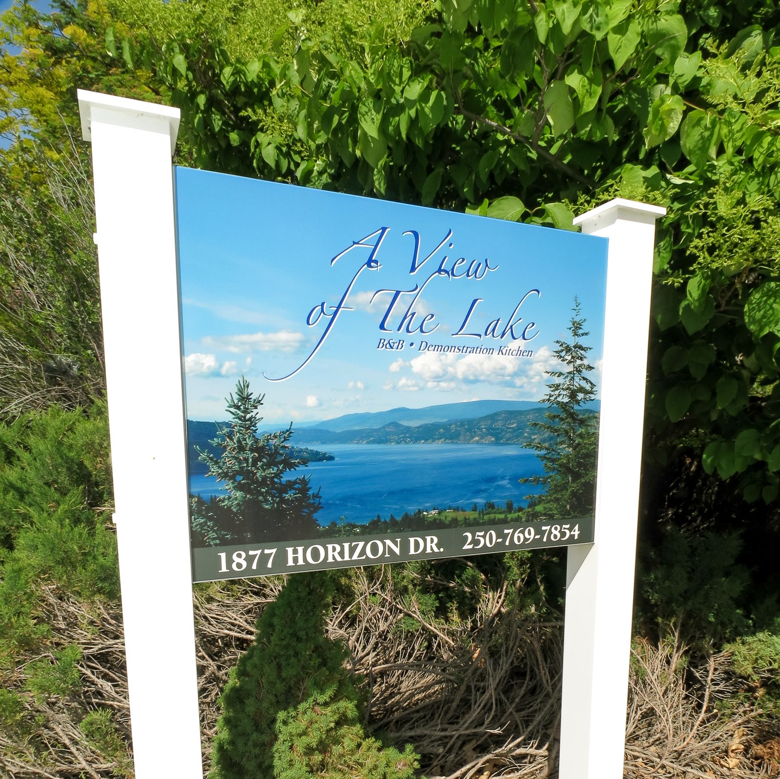 Un panneau indiquant un point de vue panoramique sur un lac et des montagnes, intitulé « Vue sur le lac », et comportant les coordonnées d’unBed and Breakfast ainsi que d’une cuisine de démonstration.
