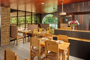 Un restaurante con mobiliario de madera, una zona de bar y grandes ventanales que ofrecen vistas a zonas verdes.