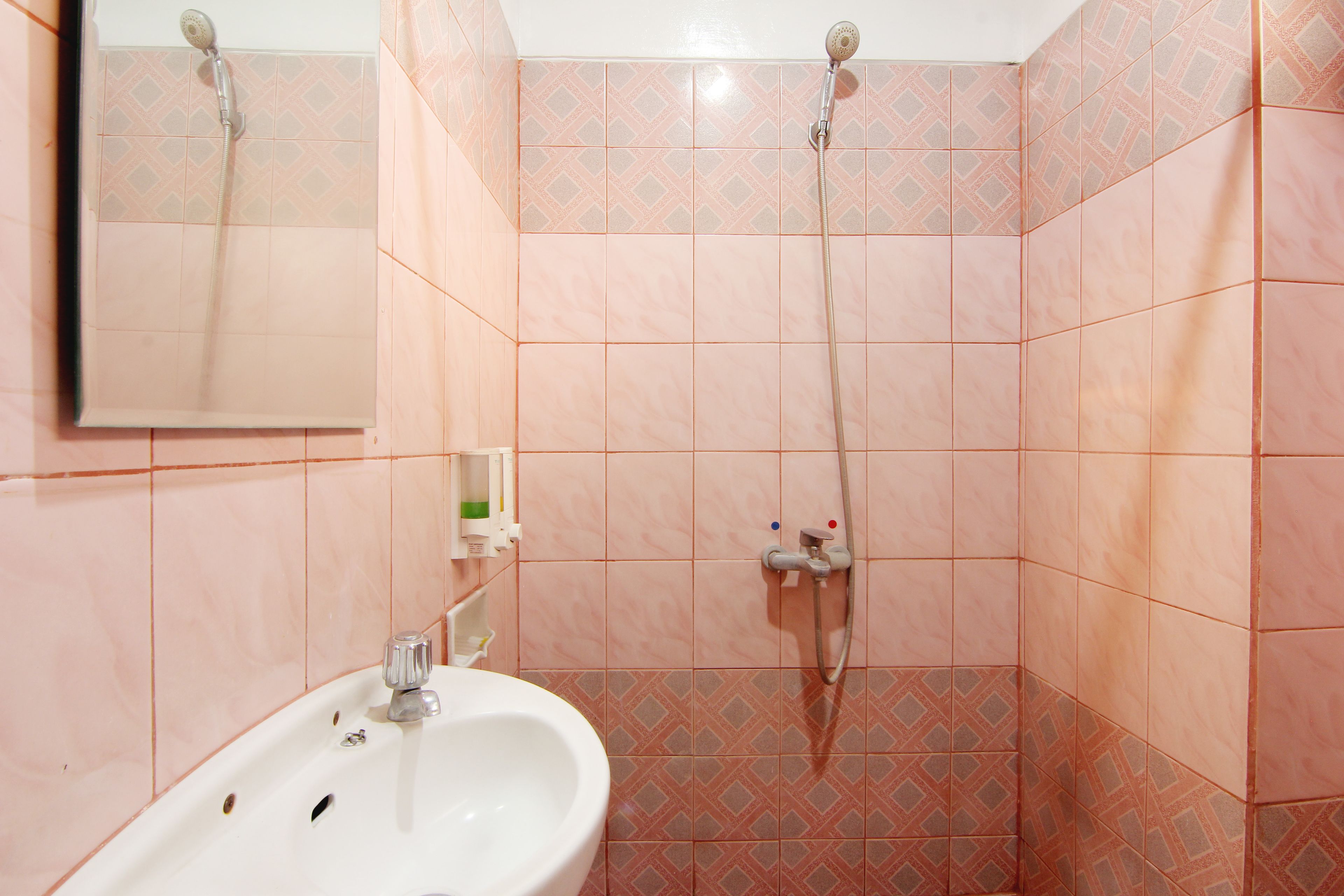 Un baño con lavamanos, espejo y ducha.