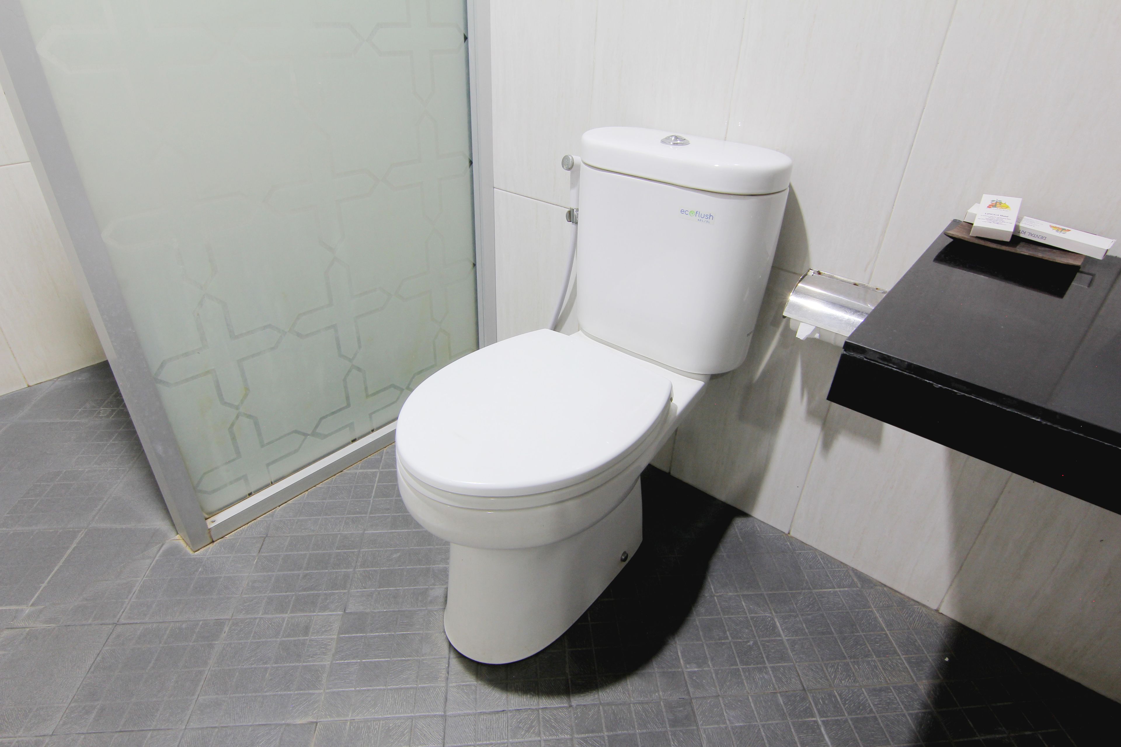 A modern bathroom with a white toilet, a glass shower enclosure, and a black sink.