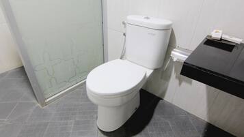 A modern bathroom with a white toilet, a glass shower enclosure, and a black sink.